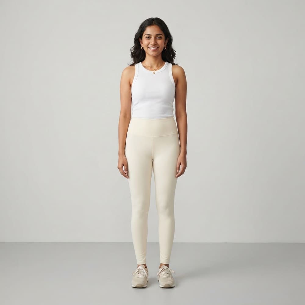 Indian woman wearing META NEST ACTIVEWEAR QueenSoft Everyday Leggings Lite in Ivory Cream