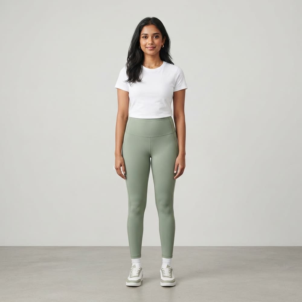 Indian woman wearing META NEST ACTIVEWEAR QueenSoft Everyday Leggings Lite in Sage Leaf