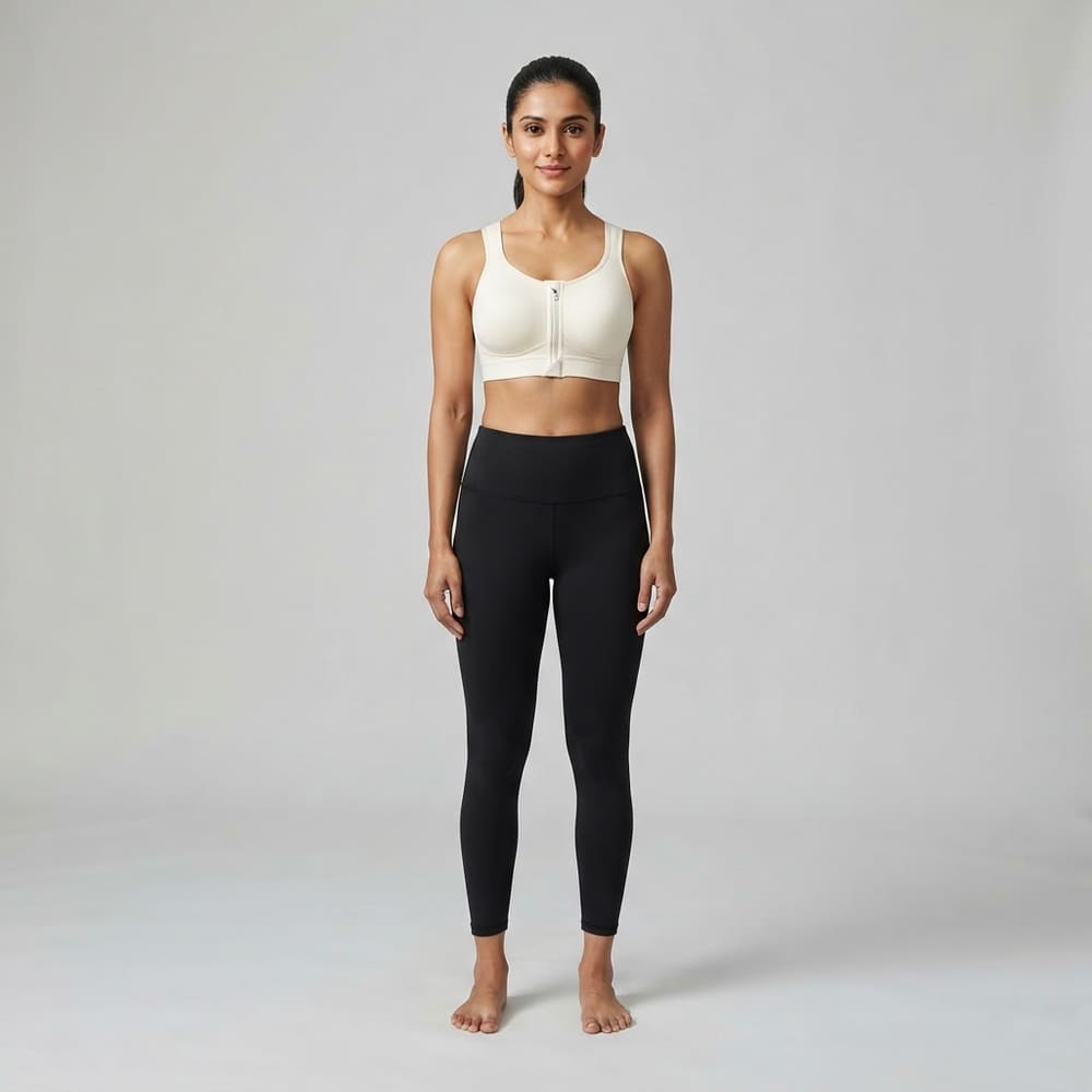 Indian woman wearing META NEST ACTIVEWEAR Quick-Release Front-Zip Bra in Ivory Cream