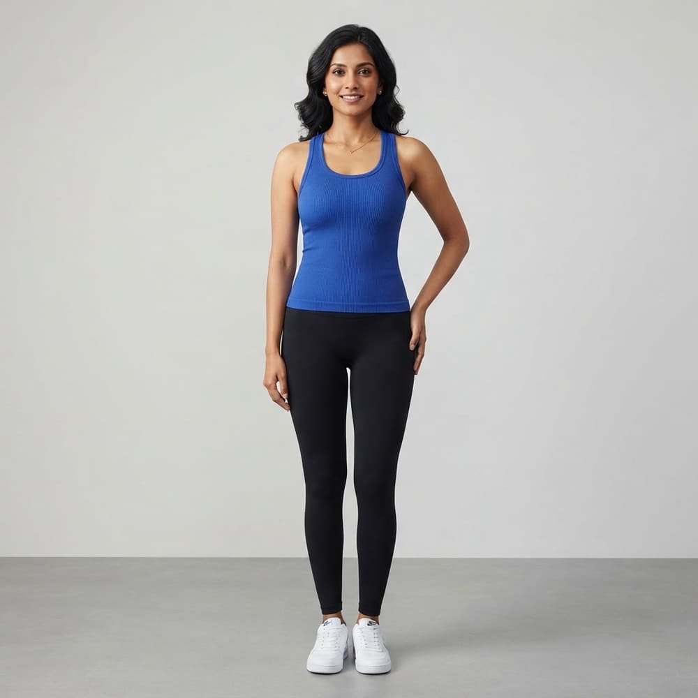 Indian woman wearing META NEST ACTIVEWEAR Rib Tank in Cobalt Blue