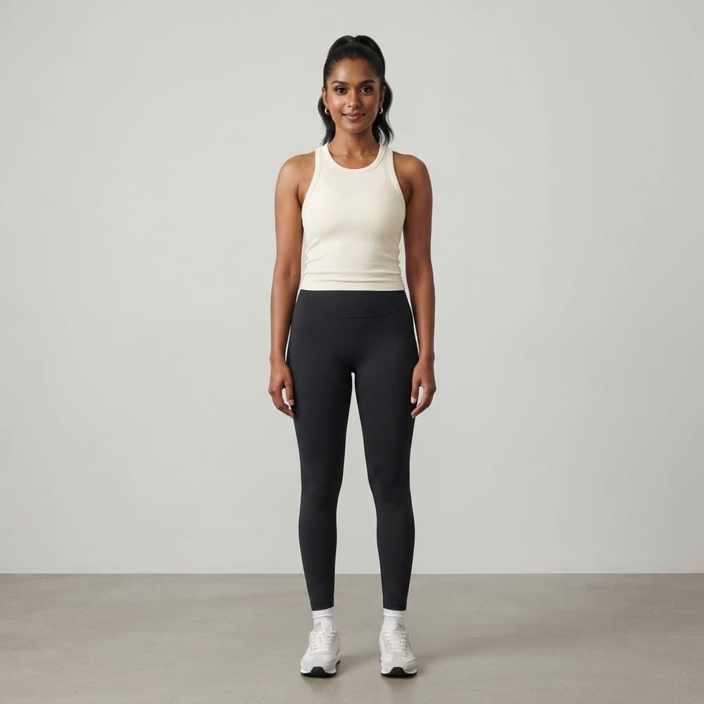 Indian woman wearing META NEST ACTIVEWEAR Rib Tank in Ivory Cream