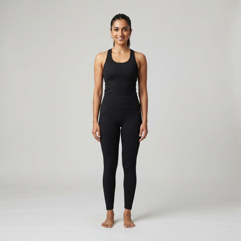 Indian woman wearing META NEST ACTIVEWEAR Rib Tank in Noir Black