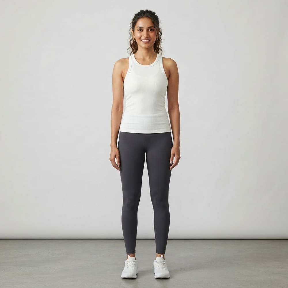 Indian woman wearing META NEST ACTIVEWEAR Rib Tank in Pearl White