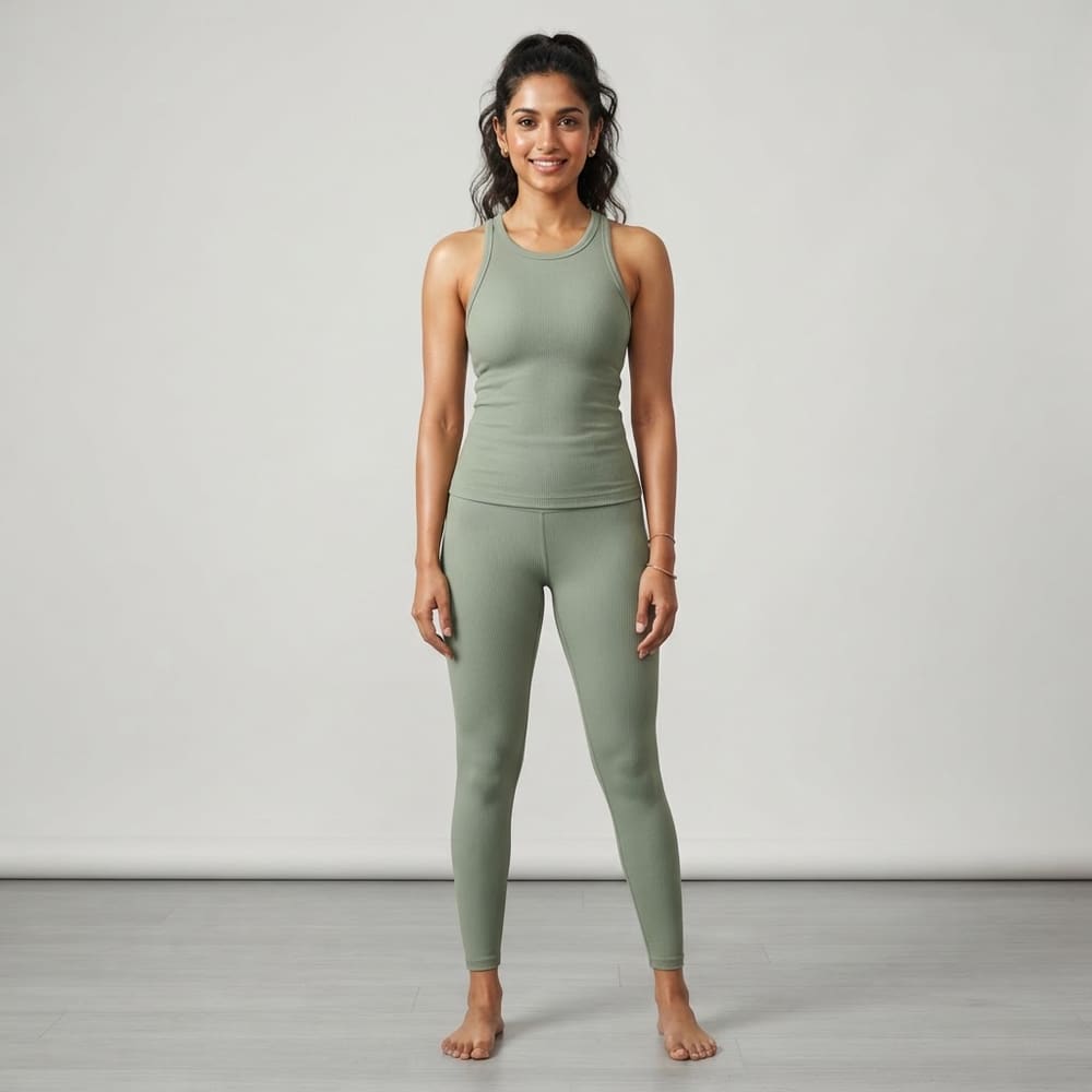 Indian woman wearing META NEST ACTIVEWEAR Rib Tank in Sage Leaf