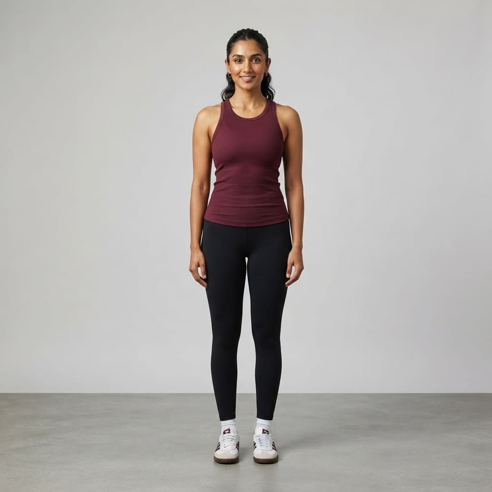 Indian woman wearing META NEST ACTIVEWEAR Rib Tank in Wine Burgundy