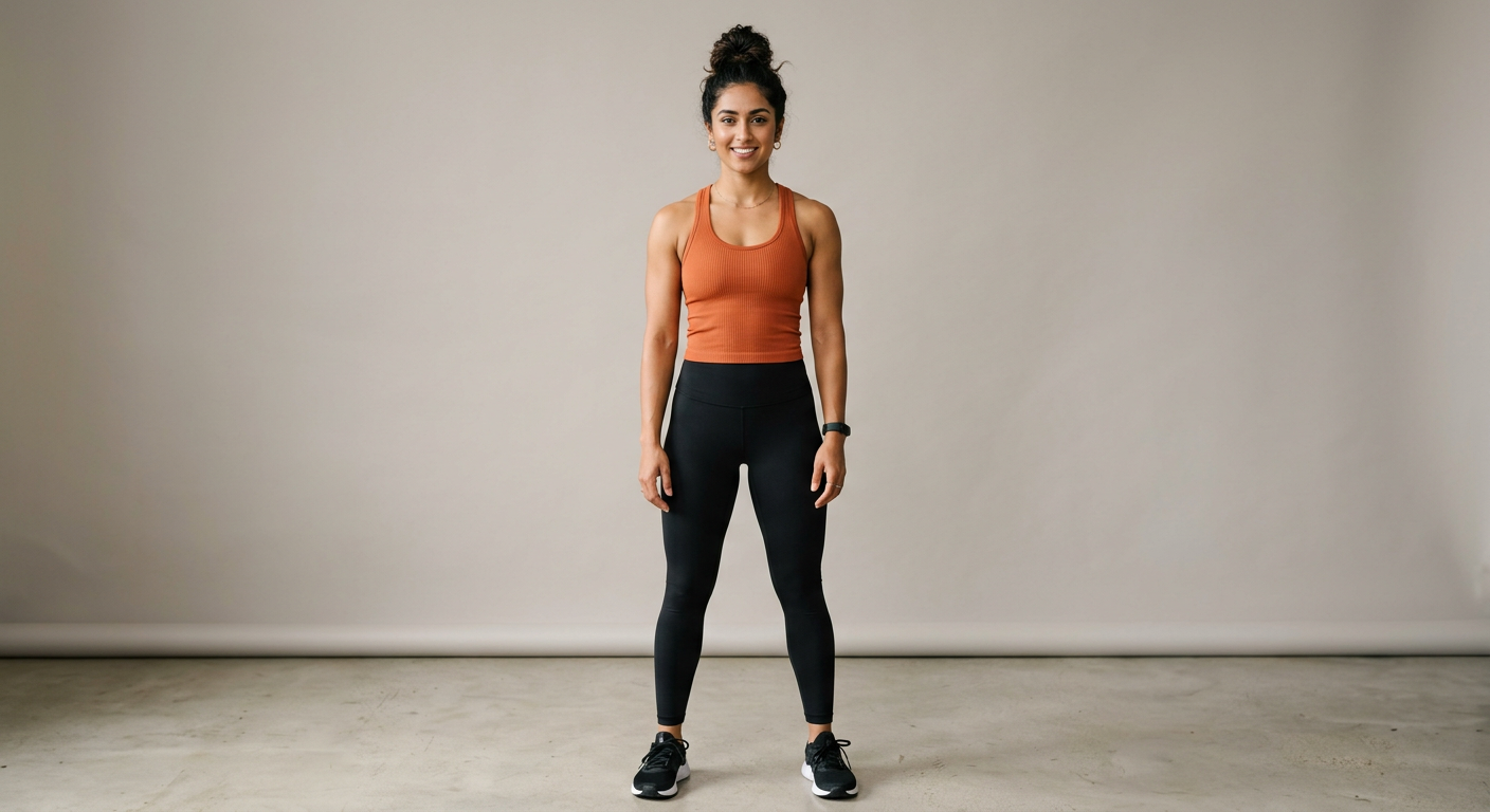 Indian woman wearing META NEST ACTIVEWEAR Ribbed Racerback Tank in Terracotta Clay