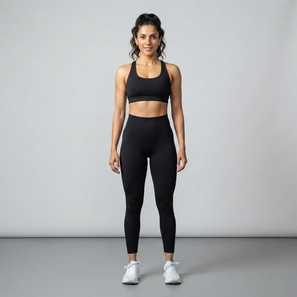 Indian woman wearing META NEST ACTIVEWEAR Ribbed Seamless Leggings in Ribbed Seamless Black