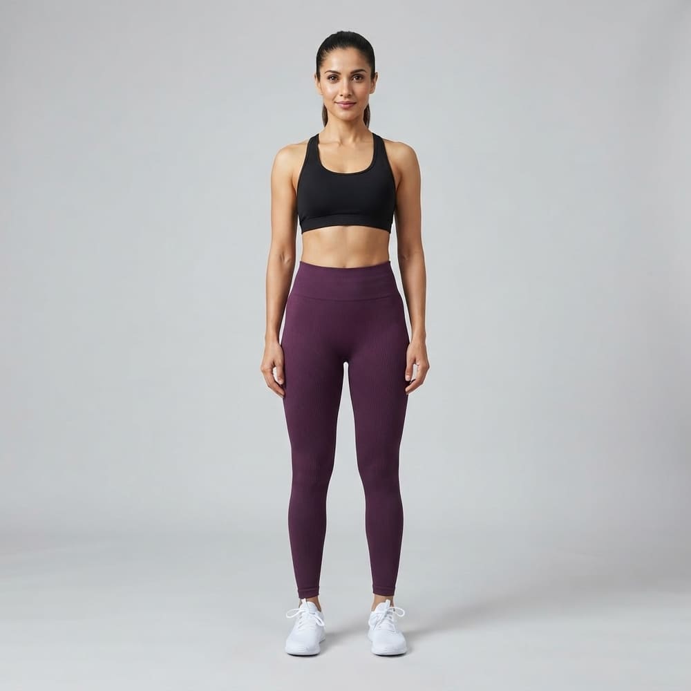 Indian woman wearing META NEST ACTIVEWEAR Ribbed Seamless Leggings in Ribbed Seamless Plum