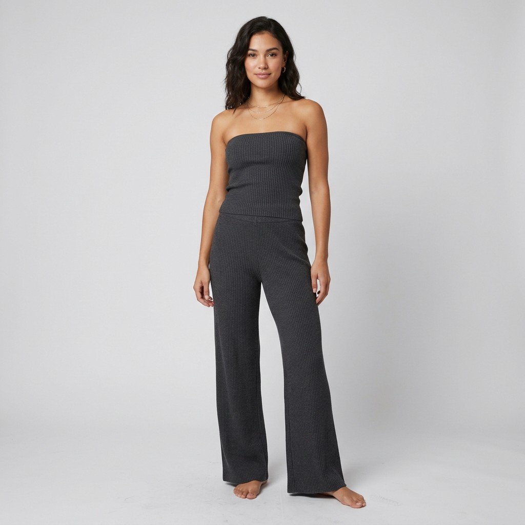 Indian woman wearing META NEST ACTIVEWEAR Ribbed Tube Wide-Leg Co-ord Set in Ribbed Charcoal