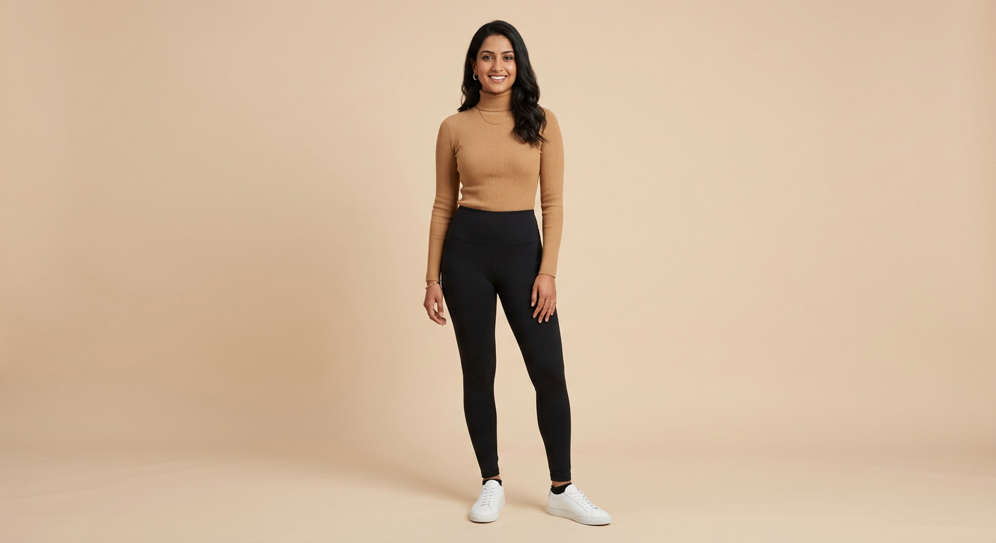 Indian woman wearing META NEST ACTIVEWEAR Ribbed Turtleneck Tee in Camel Tan