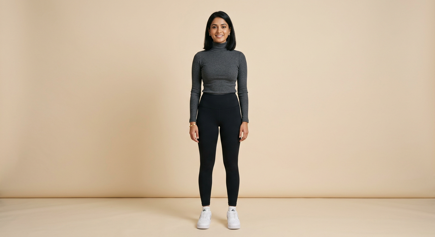 Indian woman wearing META NEST ACTIVEWEAR Ribbed Turtleneck Tee in Charcoal Grey