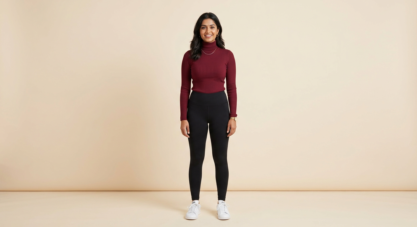 Indian woman wearing META NEST ACTIVEWEAR Ribbed Turtleneck Tee in Wine Red