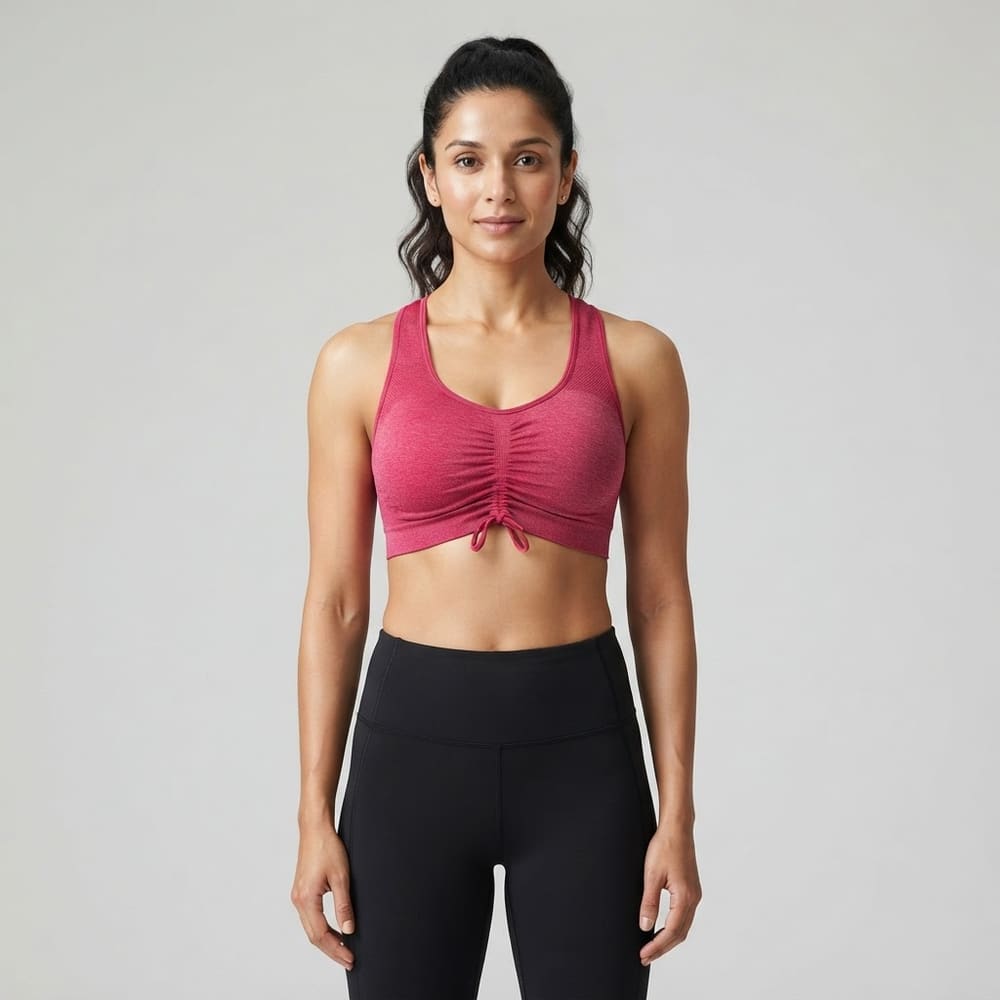 Indian woman wearing META NEST ACTIVEWEAR Ruched Front Scoop Bra in Ruched Berry