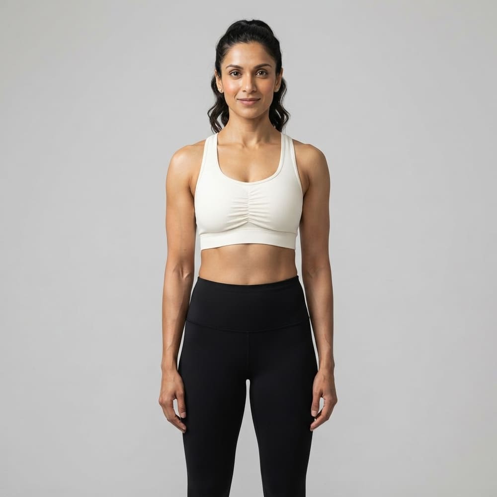 Indian woman wearing META NEST ACTIVEWEAR Ruched Front Scoop Bra in Ruched Ivory