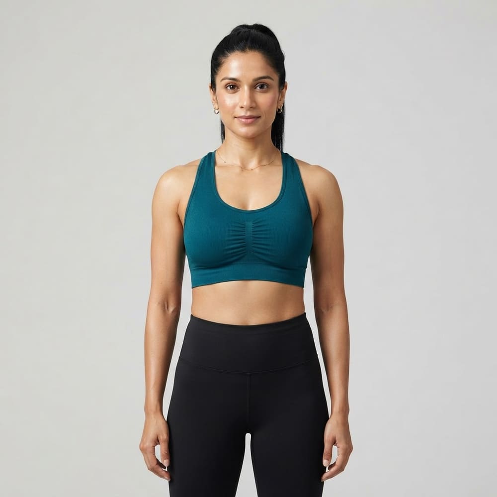 Indian woman wearing META NEST ACTIVEWEAR Ruched Front Scoop Bra in Ruched Teal
