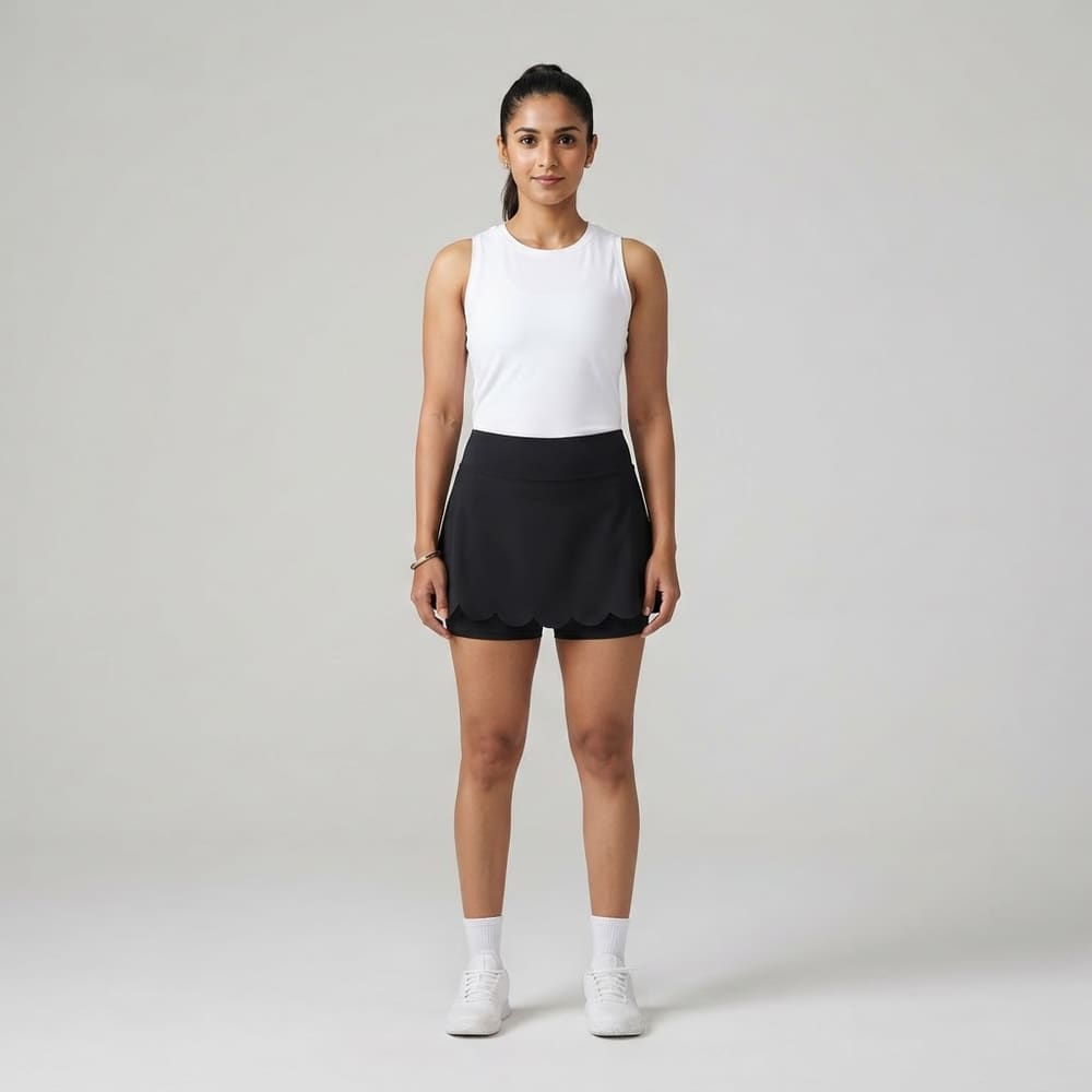Indian woman wearing META NEST ACTIVEWEAR Scallop-Hem A-Line Skort in Noir Black