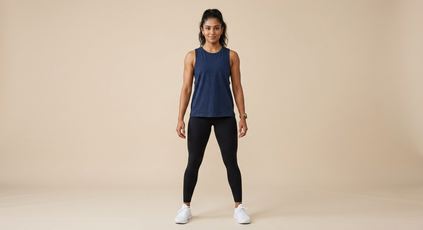 Indian woman wearing META NEST ACTIVEWEAR Scoop-Back Muscle Tank in Deep Navy