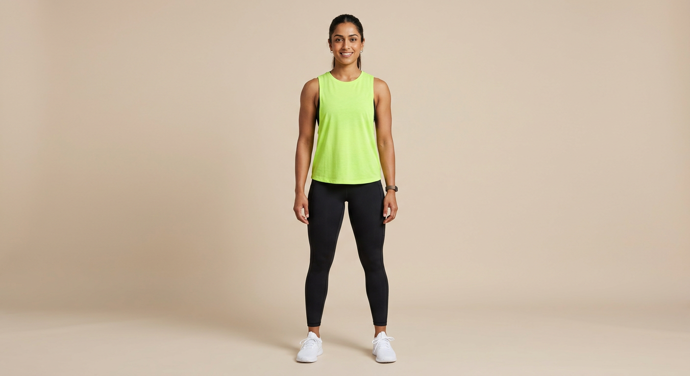 Indian woman wearing META NEST ACTIVEWEAR Scoop-Back Muscle Tank in Neon Lime