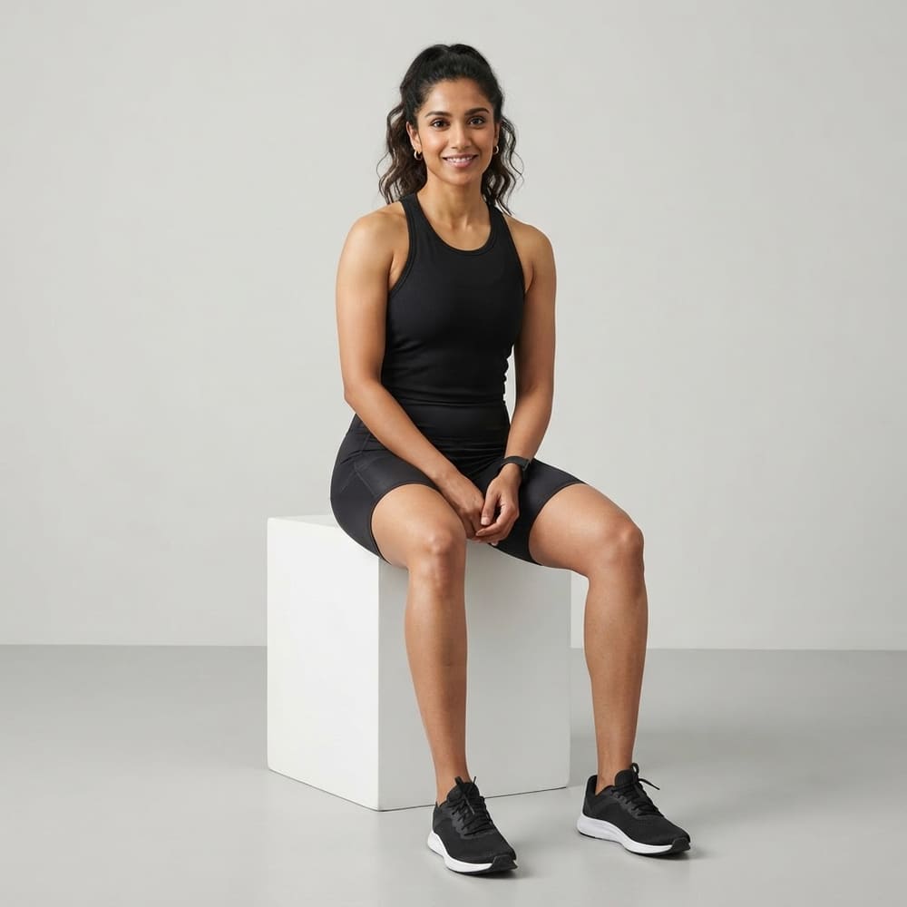 Indian woman wearing META NEST ACTIVEWEAR Sculpt Cycling Shorts in Noir Black