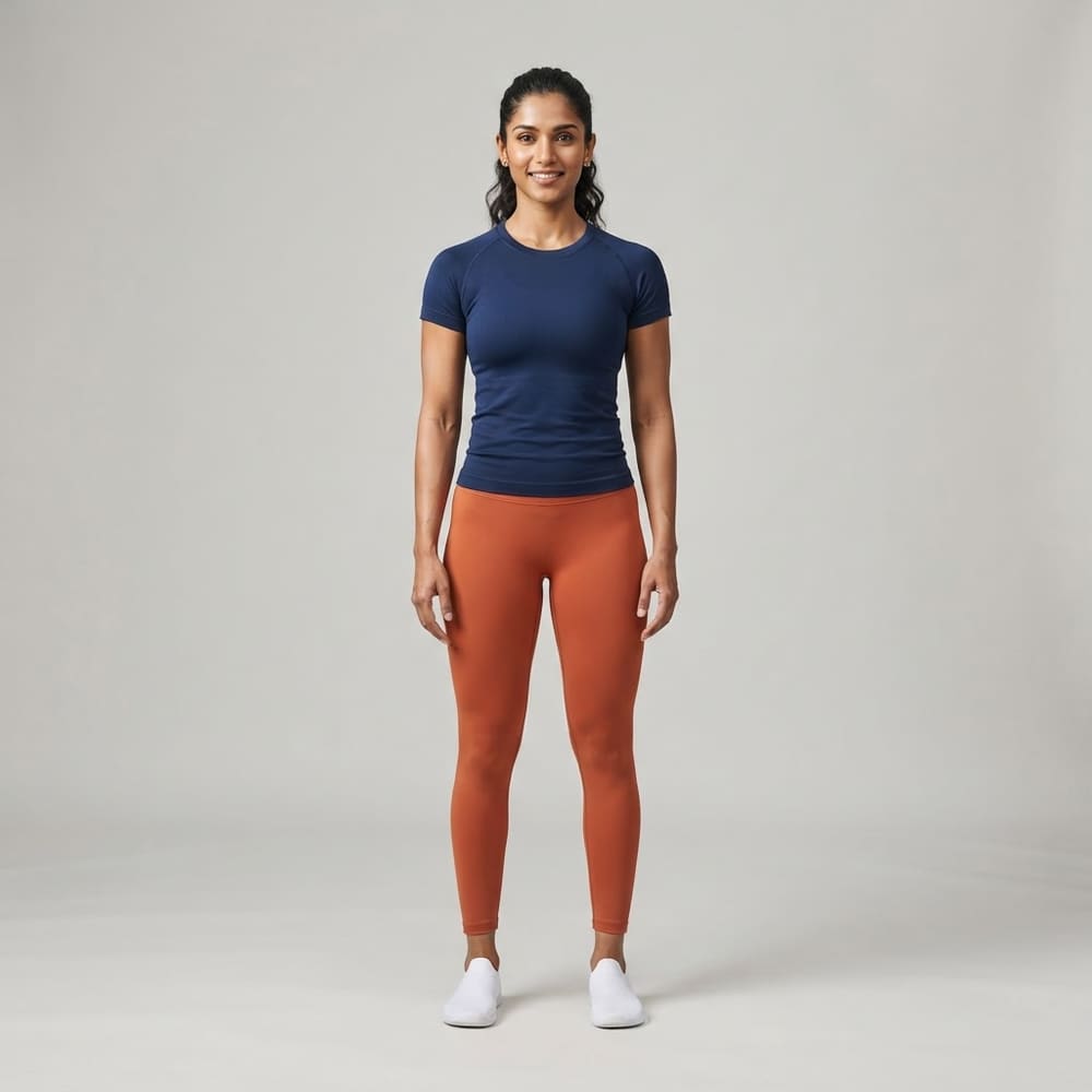 Indian woman wearing META NEST ACTIVEWEAR Seamless Four-Way Stretch Tee in Deep Navy