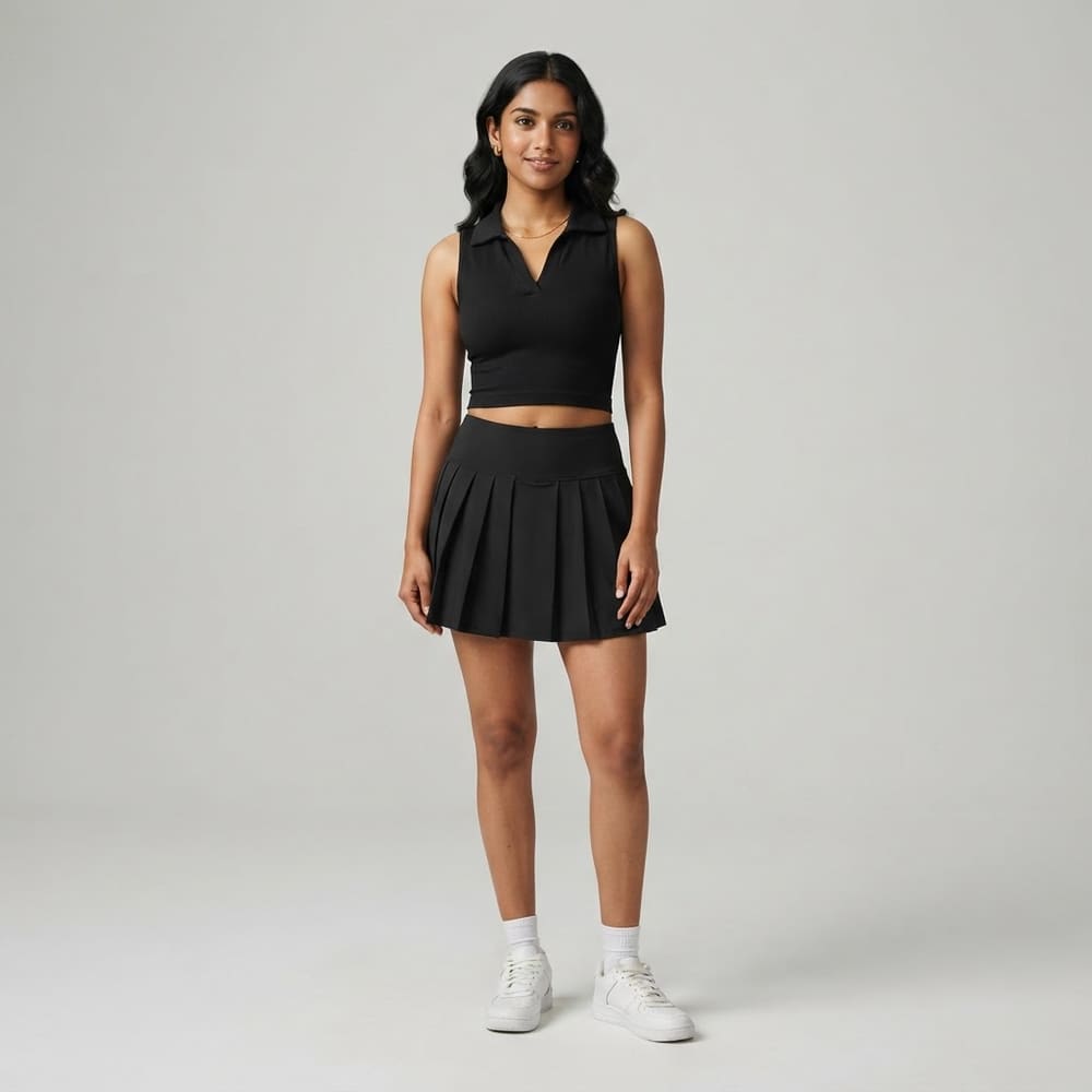 Indian woman wearing META NEST ACTIVEWEAR Seamless Polo Crop Top in Noir Black