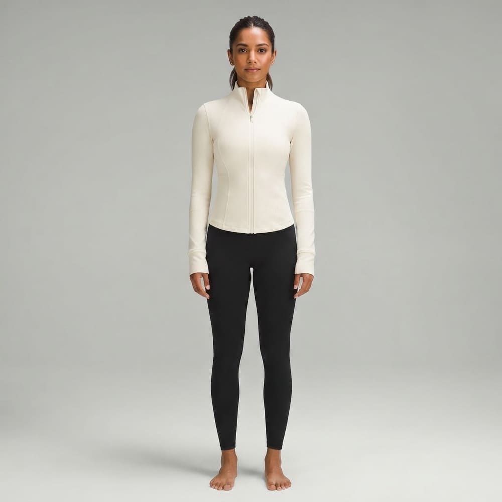 Indian woman wearing META NEST ACTIVEWEAR Second-Skin Waist-Shaping Zip Jacket in Ivory Cream