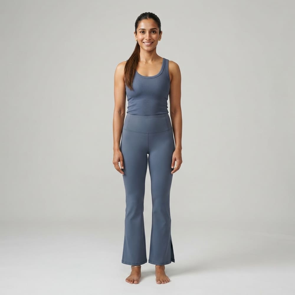 Indian woman wearing META NEST ACTIVEWEAR Slit-Hem Flare Pants in Slate Blue