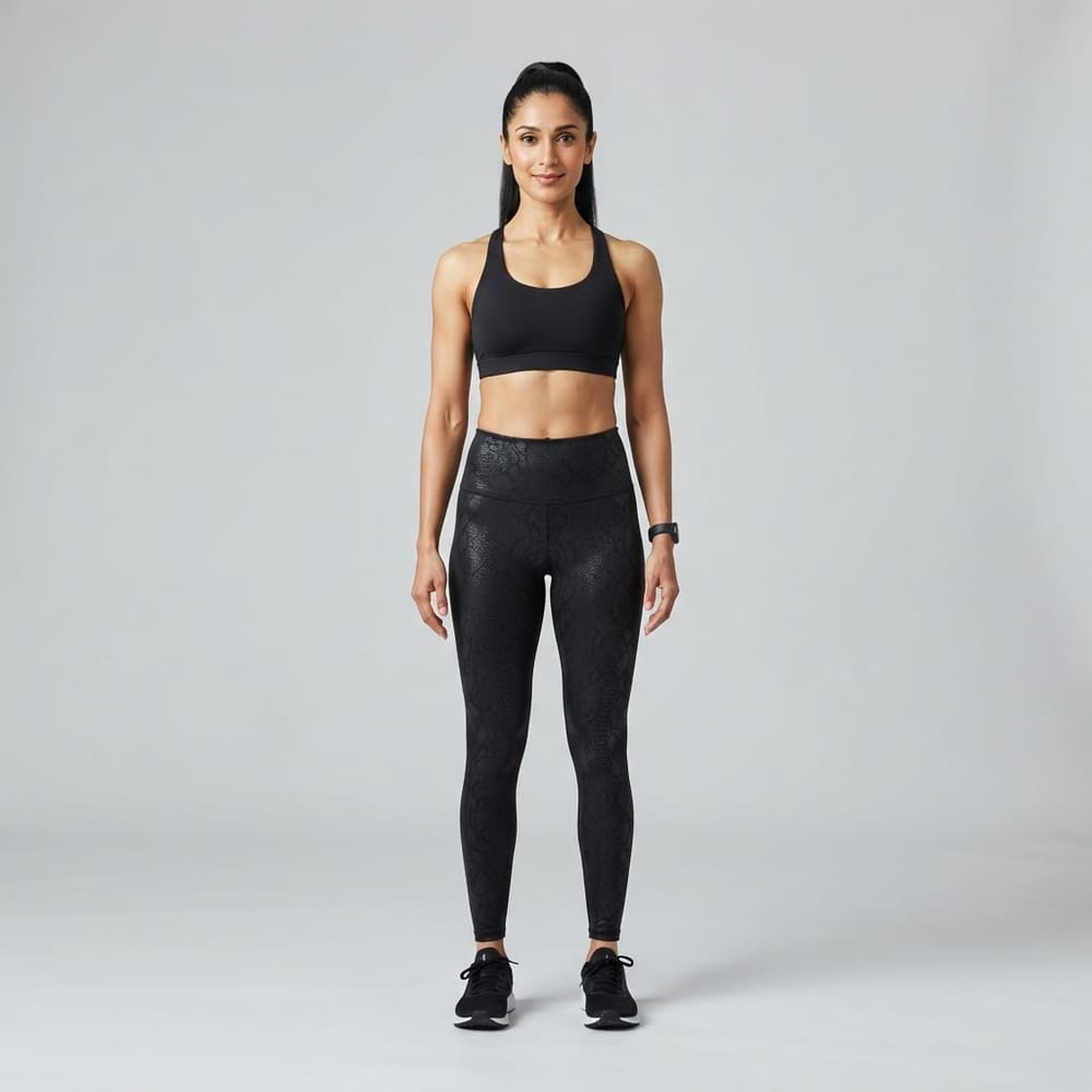 Indian woman wearing META NEST ACTIVEWEAR Snake Print Leggings in Snake Black