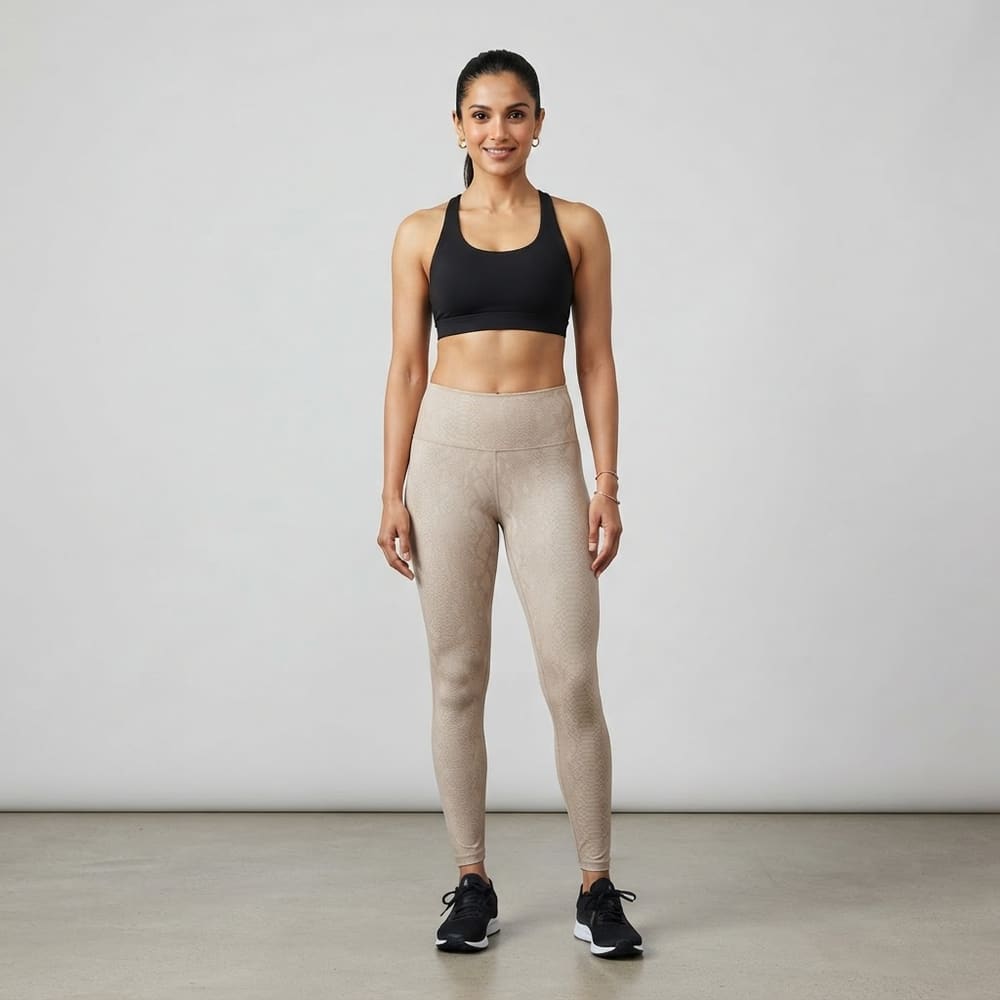 Indian woman wearing META NEST ACTIVEWEAR Snake Print Leggings in Snake Sand