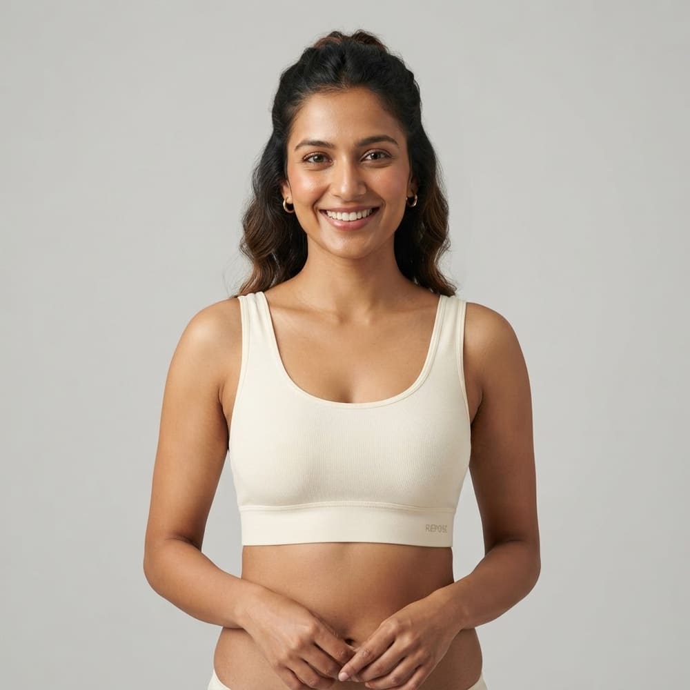Indian woman wearing META NEST ACTIVEWEAR Soft Queen Everyday Bra in Ivory Cream
