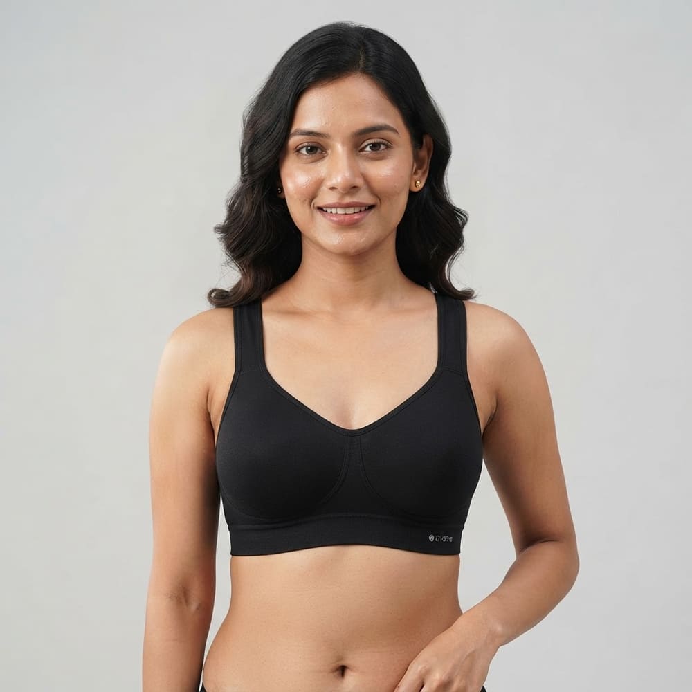 Indian woman wearing META NEST ACTIVEWEAR Soft Queen Everyday Bra in Noir Black
