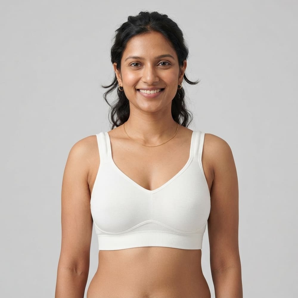 Indian woman wearing META NEST ACTIVEWEAR Soft Queen Everyday Bra in Pearl White