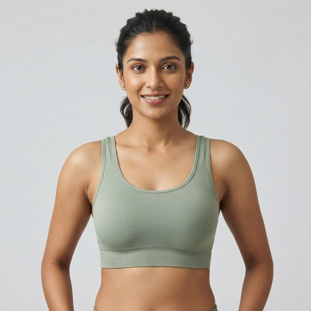 Indian woman wearing META NEST ACTIVEWEAR Soft Queen Everyday Bra in Sage Leaf