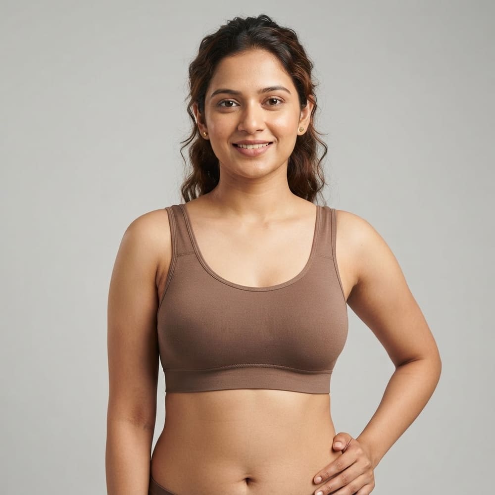 Indian woman wearing META NEST ACTIVEWEAR Soft Queen Everyday Bra in Warm Mocha
