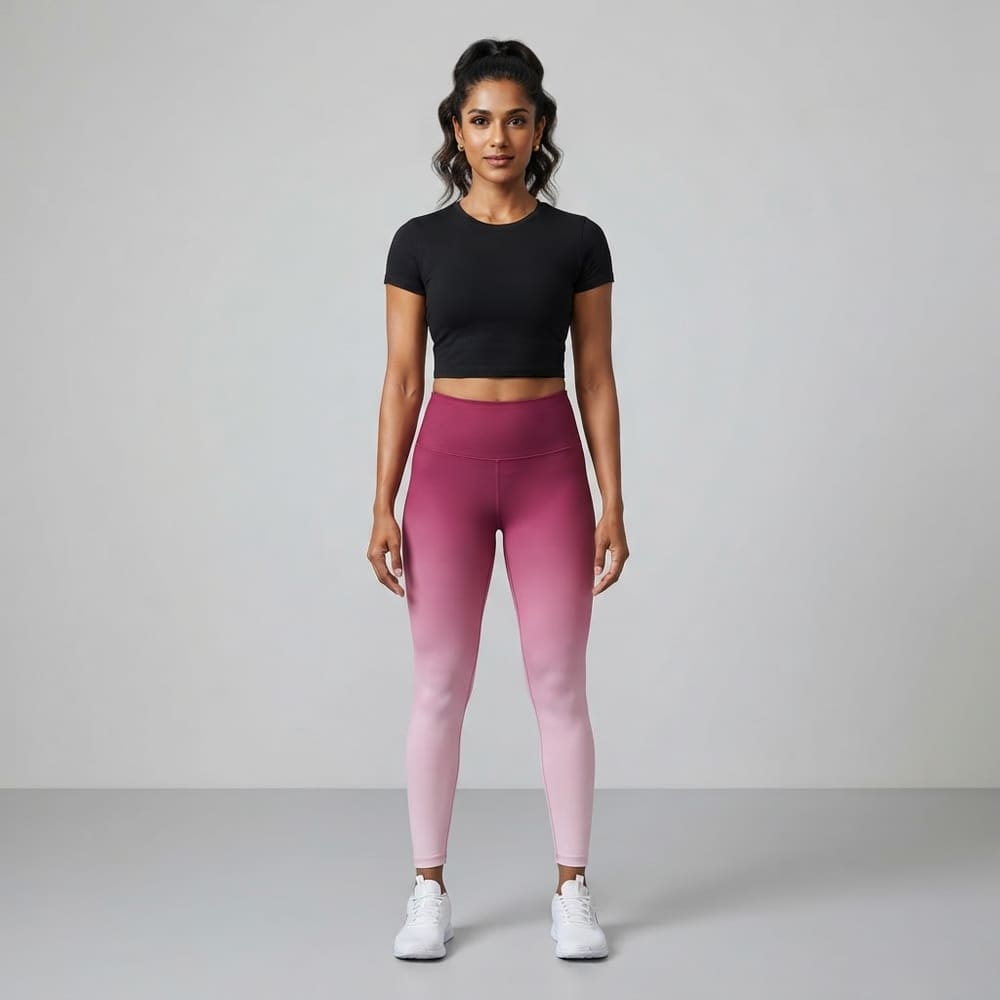 Indian woman wearing META NEST ACTIVEWEAR Solstice Ombre Leggings in Berry Ombre