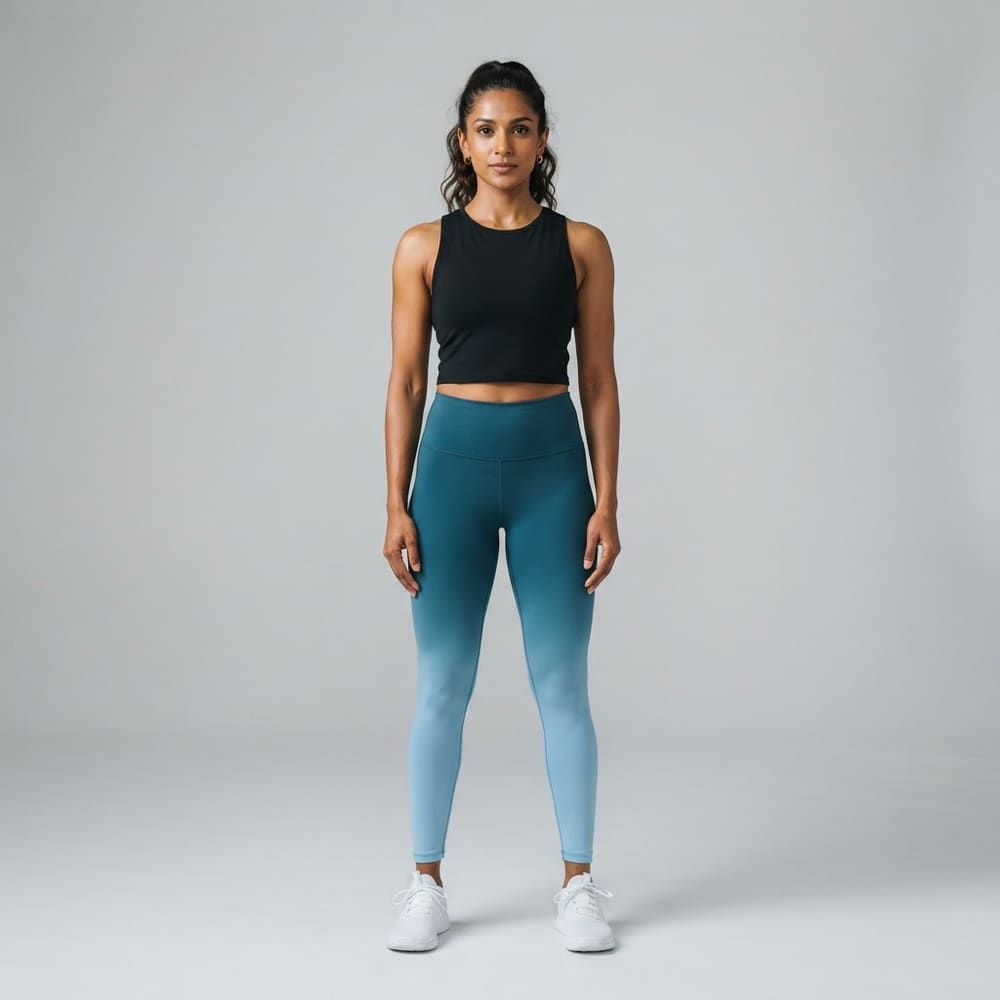 Indian woman wearing META NEST ACTIVEWEAR Solstice Ombre Leggings in Ocean Ombre