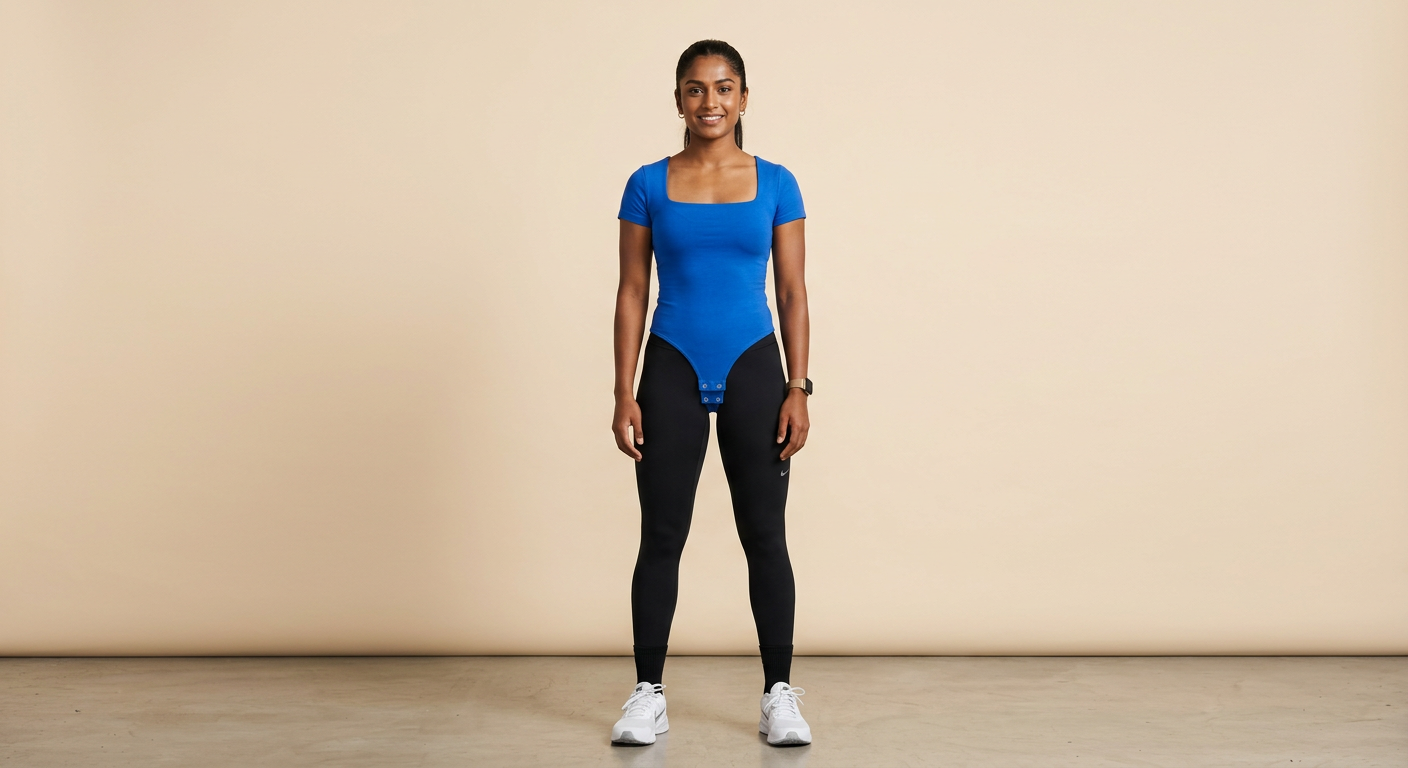Indian woman wearing META NEST ACTIVEWEAR Square-Neck Bodysuit Tee in Cobalt Blue