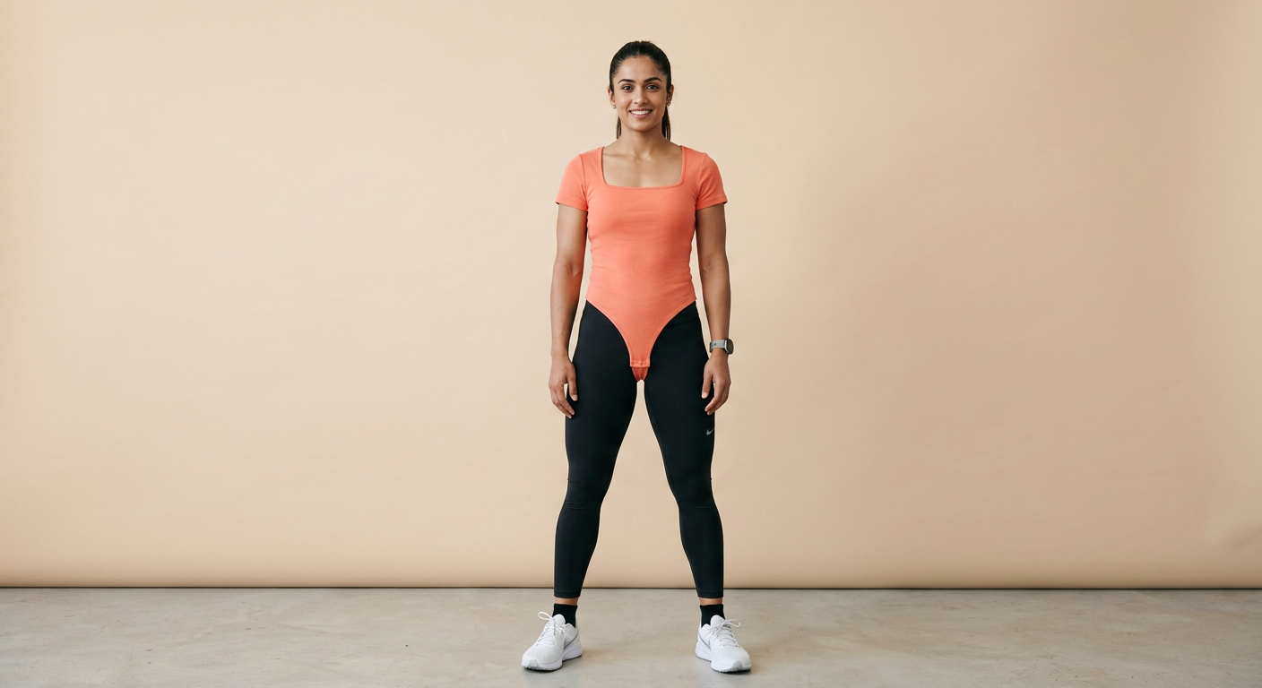 Indian woman wearing META NEST ACTIVEWEAR Square-Neck Bodysuit Tee in Sunset Coral