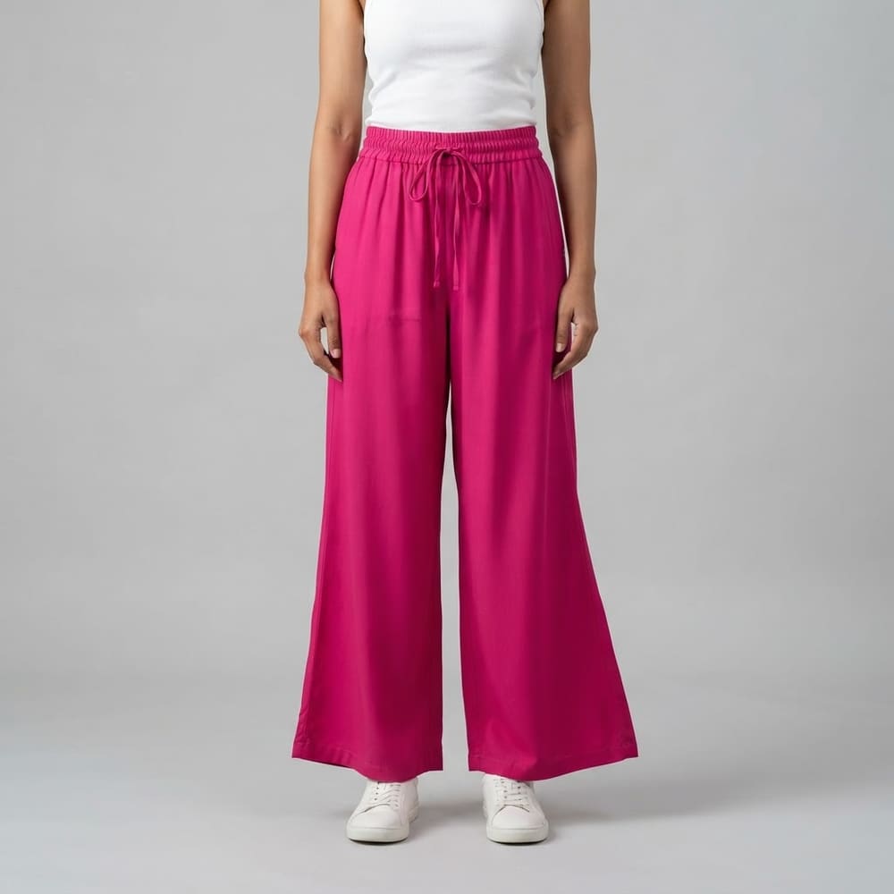 Indian woman wearing META NEST ACTIVEWEAR Stretch-Waist Wide-Leg Pants in Magenta Pink