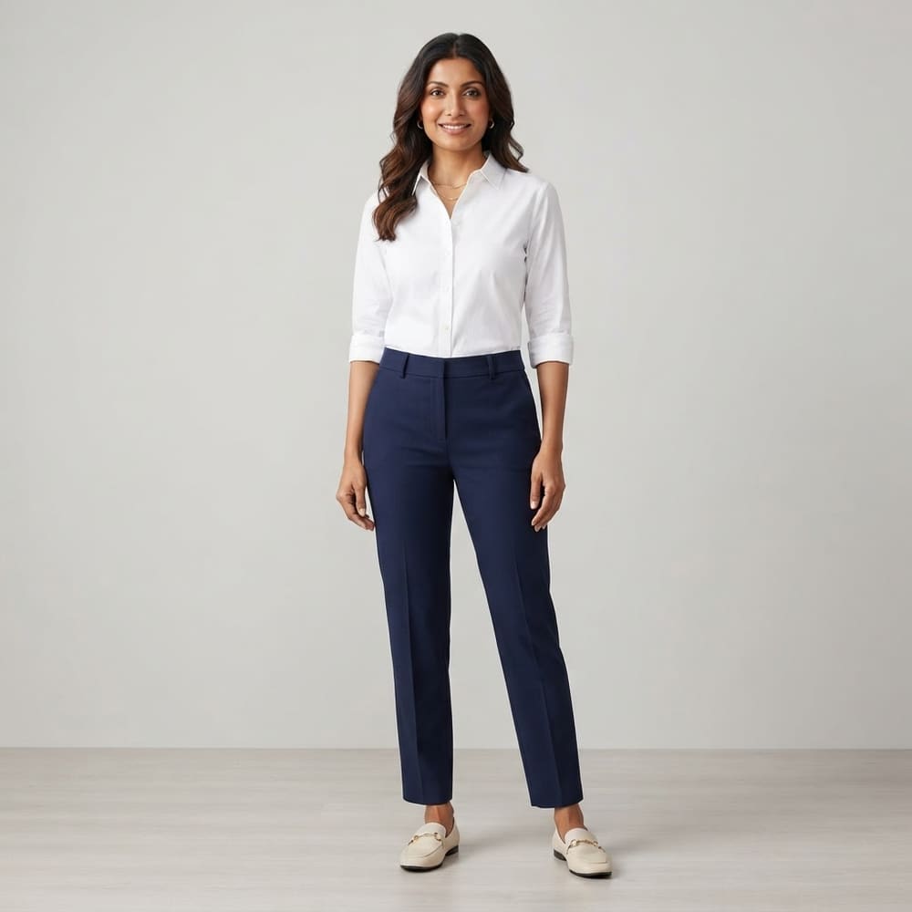Indian woman wearing META NEST ACTIVEWEAR Studio Straight Pants Lite in Deep Navy