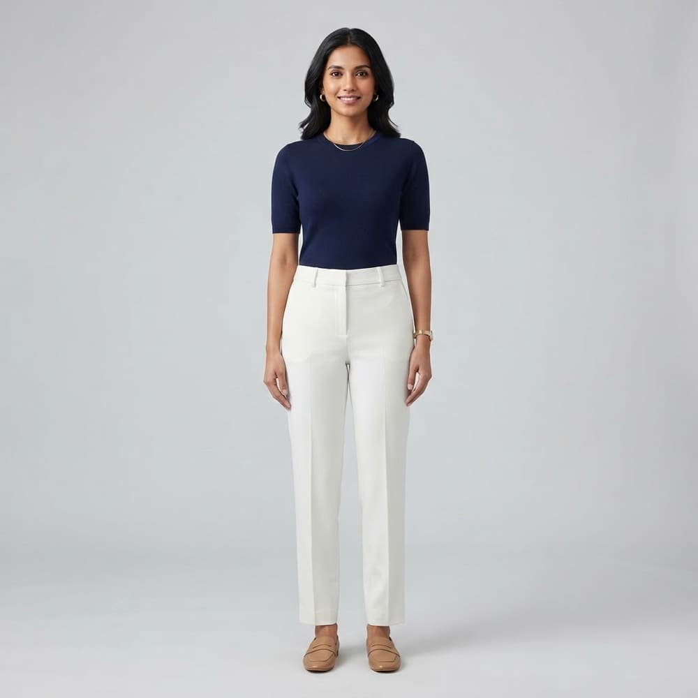 Indian woman wearing META NEST ACTIVEWEAR Studio Straight Pants Lite in Pearl White