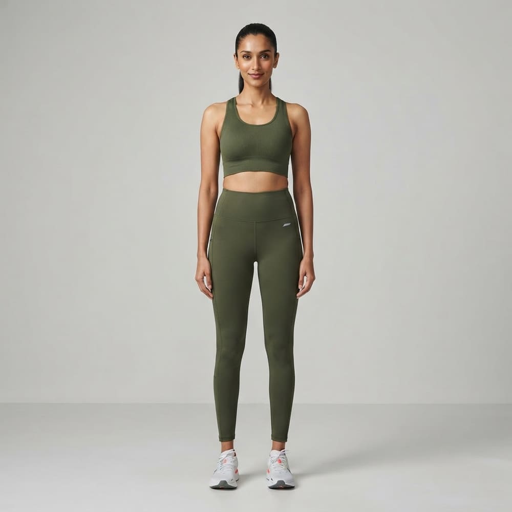 Indian woman wearing META NEST ACTIVEWEAR Tall Crown Leggings in Forest Olive