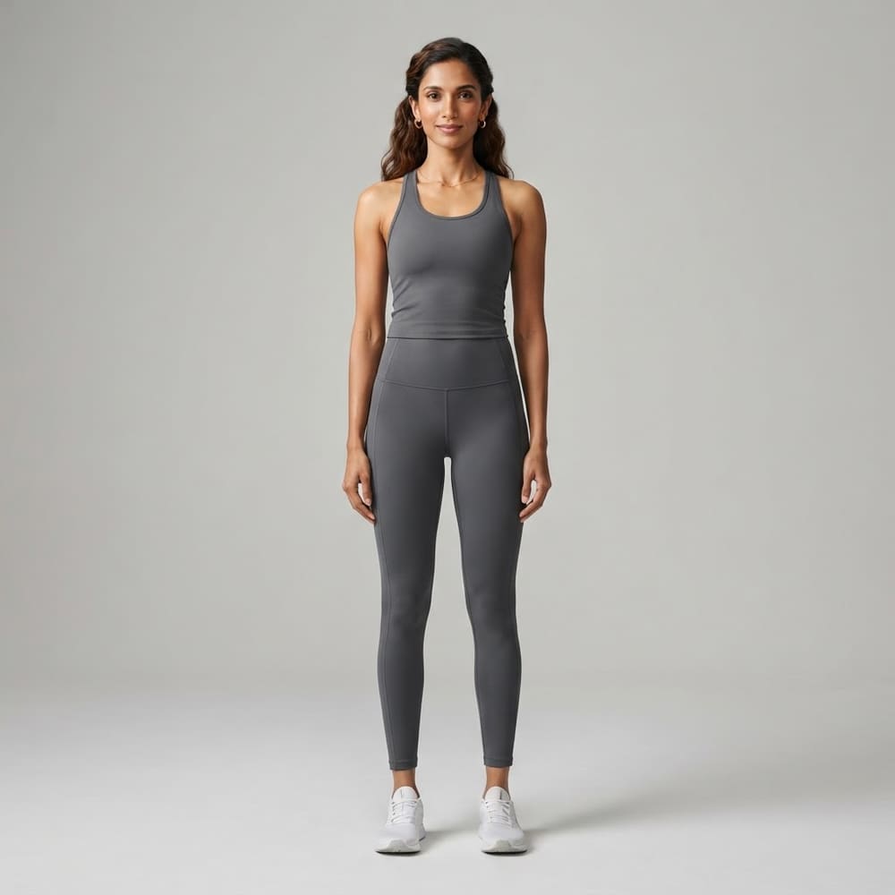 Indian woman wearing META NEST ACTIVEWEAR Tall Crown Leggings in Graphite Grey