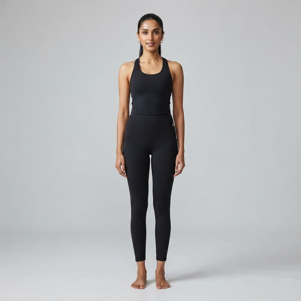 Indian woman wearing META NEST ACTIVEWEAR Tall Crown Leggings in Noir Black
