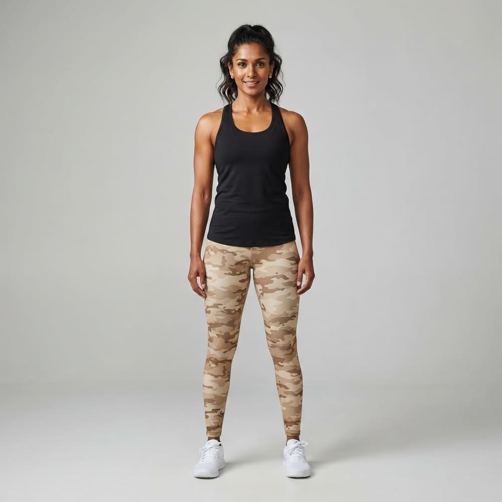 Indian woman wearing META NEST ACTIVEWEAR Terrain Camo Leggings in Desert Camo
