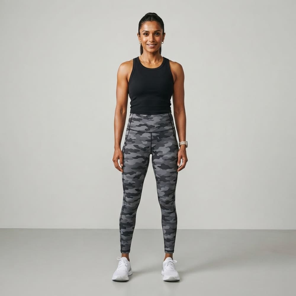 Indian woman wearing META NEST ACTIVEWEAR Terrain Camo Leggings in Urban Camo
