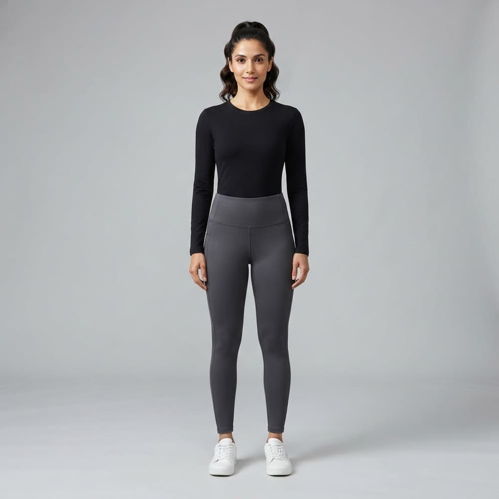 Indian woman wearing META NEST ACTIVEWEAR Thermal Fleece-Lined Leggings in Thermal Charcoal