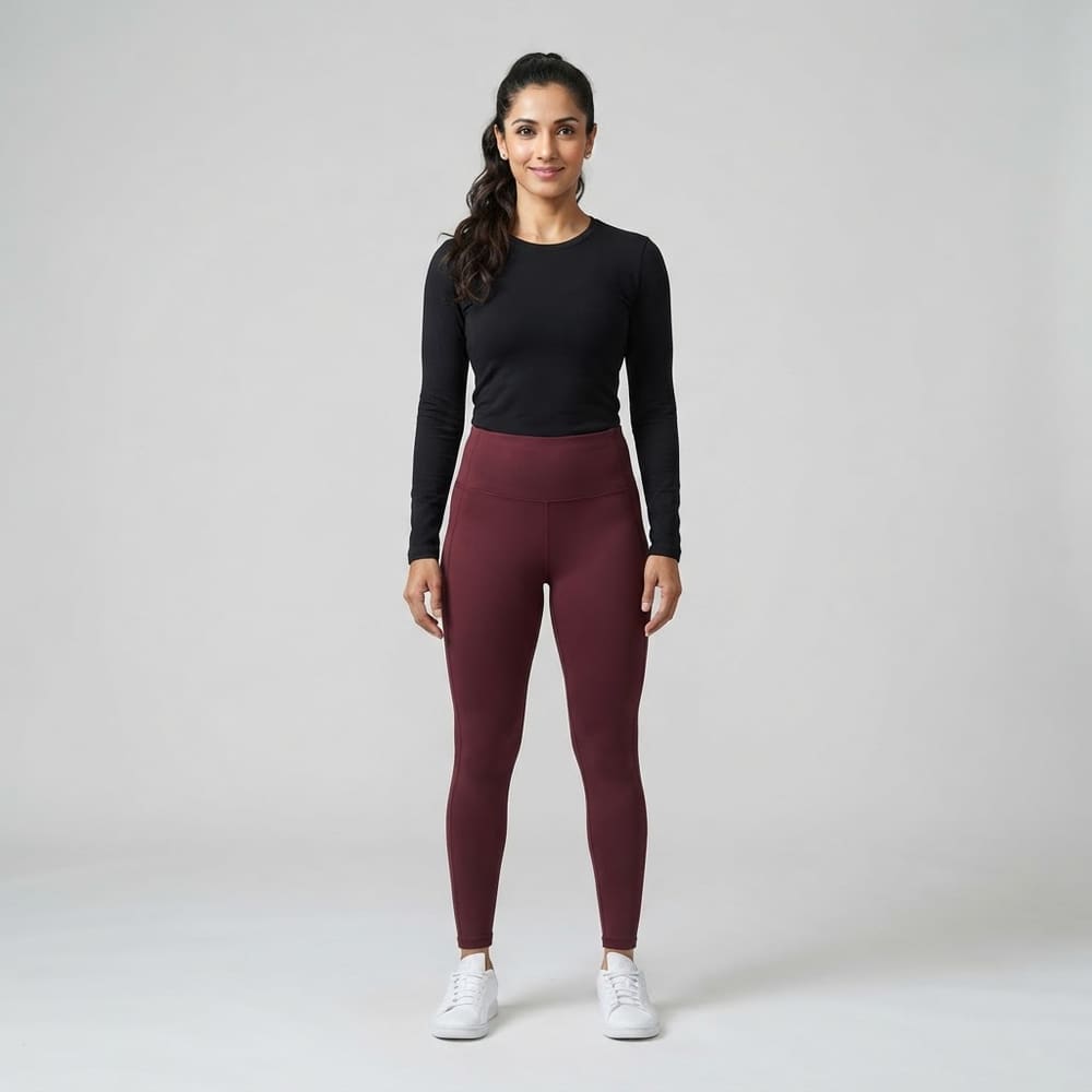 Indian woman wearing META NEST ACTIVEWEAR Thermal Fleece-Lined Leggings in Thermal Maroon