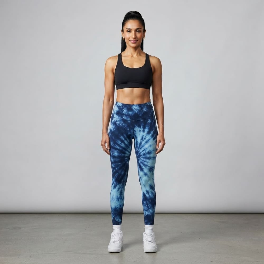 Indian woman wearing META NEST ACTIVEWEAR Tie-Dye Swirl Leggings in Tie-Dye Ocean