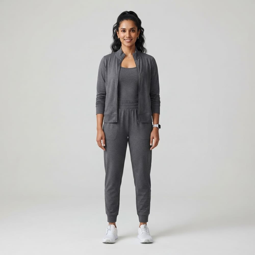 Indian woman wearing META NEST ACTIVEWEAR Travel Queen 3-Piece Edit in Storm Charcoal